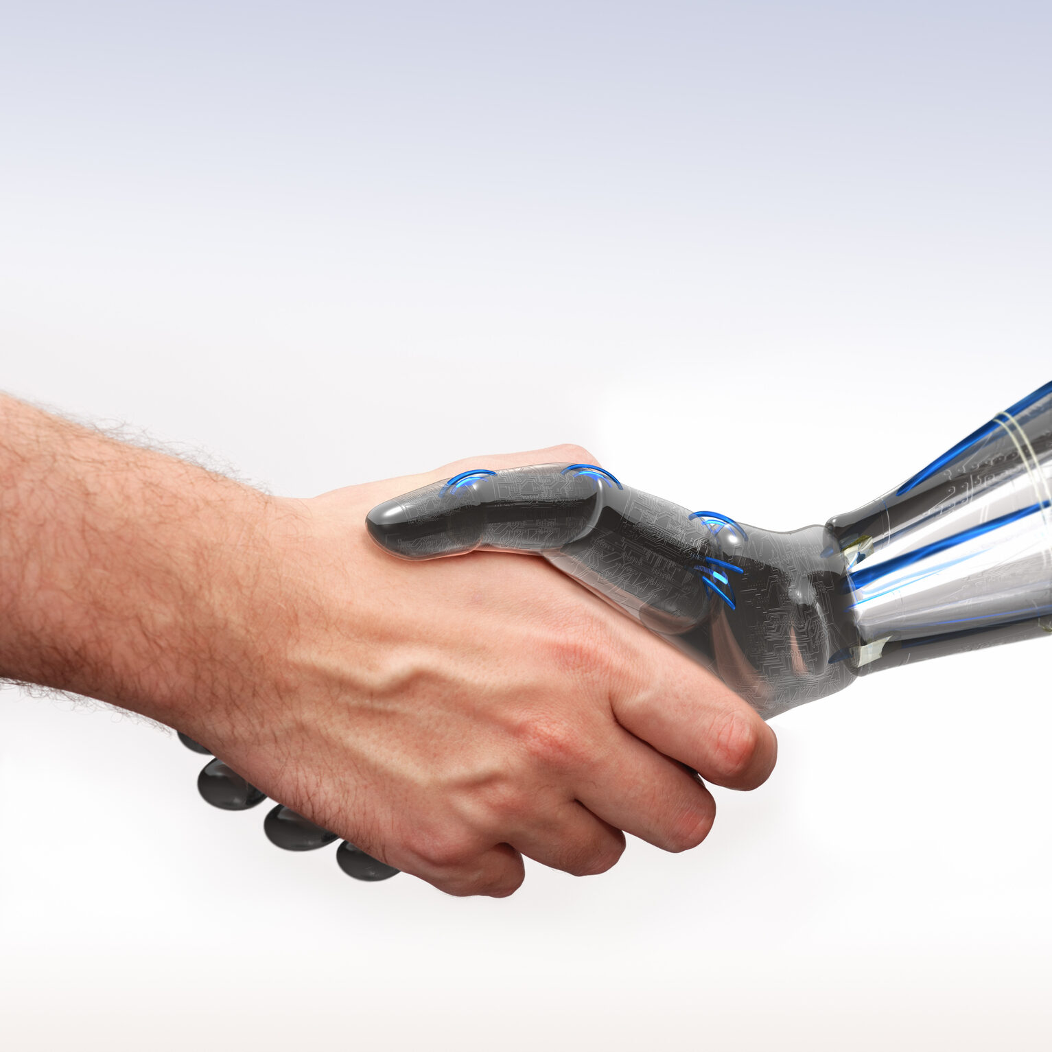 Variation of the classic handshake concept shot with a human hand and a robot hand.Very detailed rendering of the robotic hand, zoom in to view.